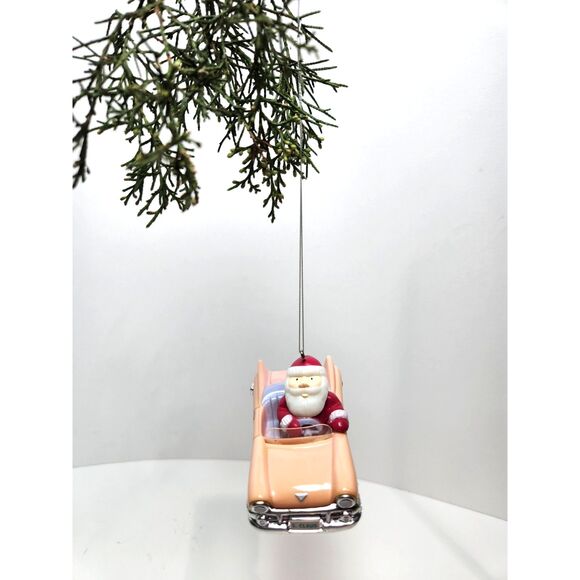 Vintage Santa in Convertible Car Ornament Pink Automobile Made Hong Kong - Picture 2 of 7